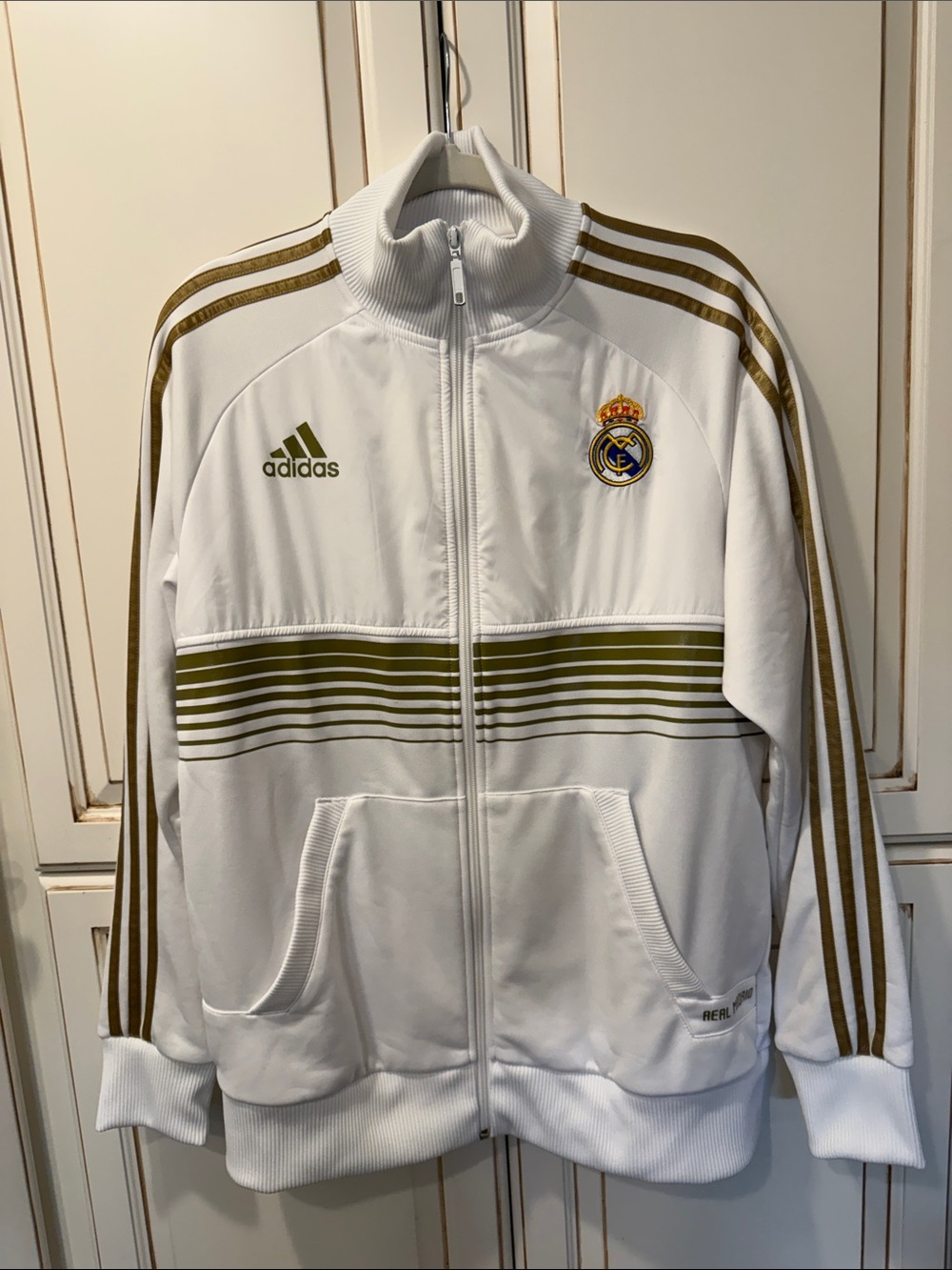 Vintage Adidas Real Madrid White Gold Track Jacket Embroidered Crest- SZ L